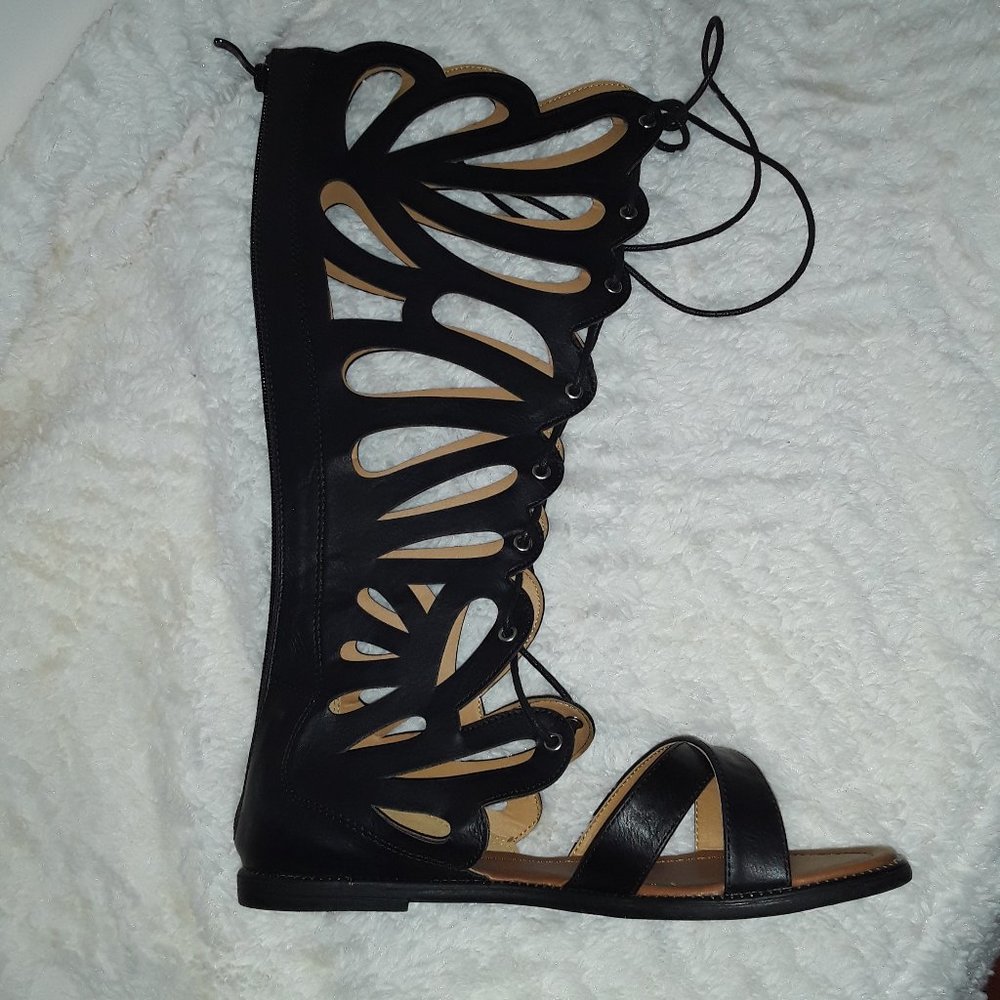 Forever Black Faux Leather Lace-Up Scallop Sandals